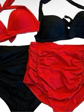 2 Plus Size High Waisted Bikini Sets- Red And Black  Size XXXL